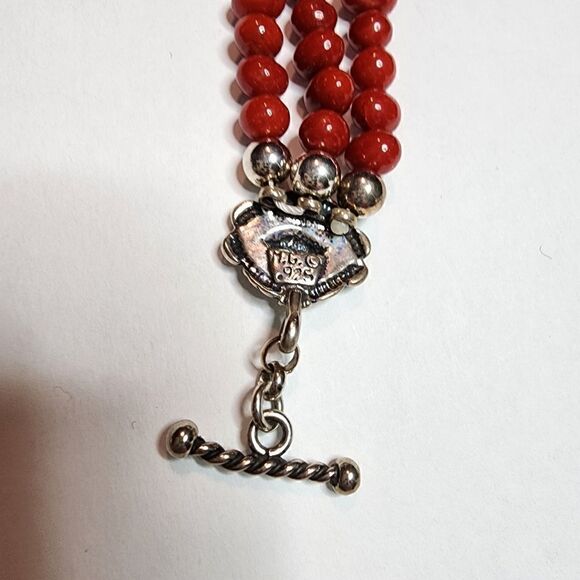 Ruby Lane Signed M.G. Sterling Silver Red Coral Bead Bracelet 3 Rows - Picture 9 of 10